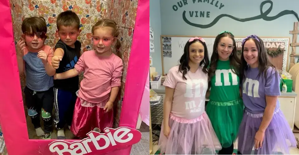 Two Images Barbie Party and Staff in MnM Candy Costumes - Kalispell, Montana Early Education Preschool